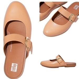 Fitflop Women's Brown Mules Allegro Buckle Leather Slip On Flats Classic Tan 11
